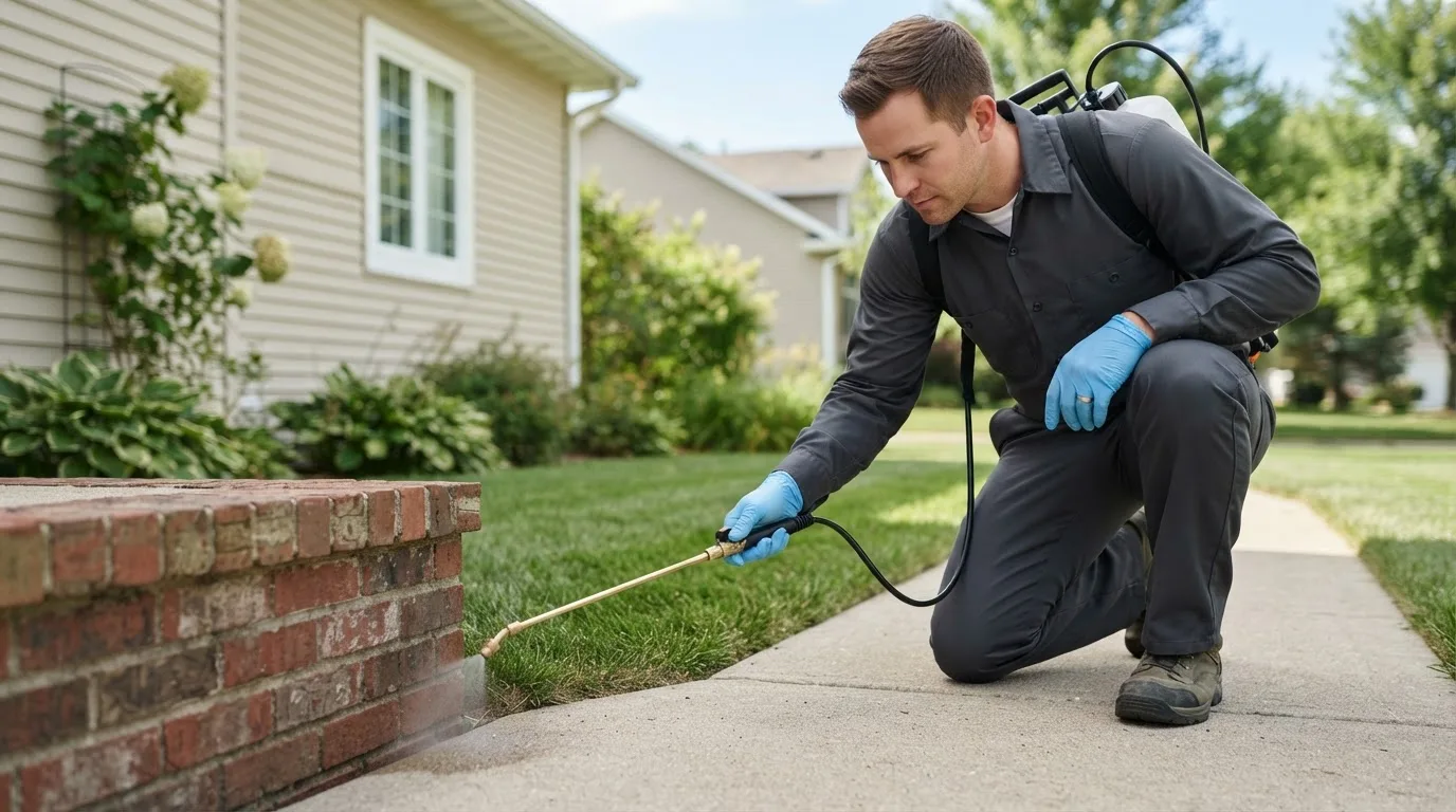 Pest control technician treating a home near Kershaw, SC